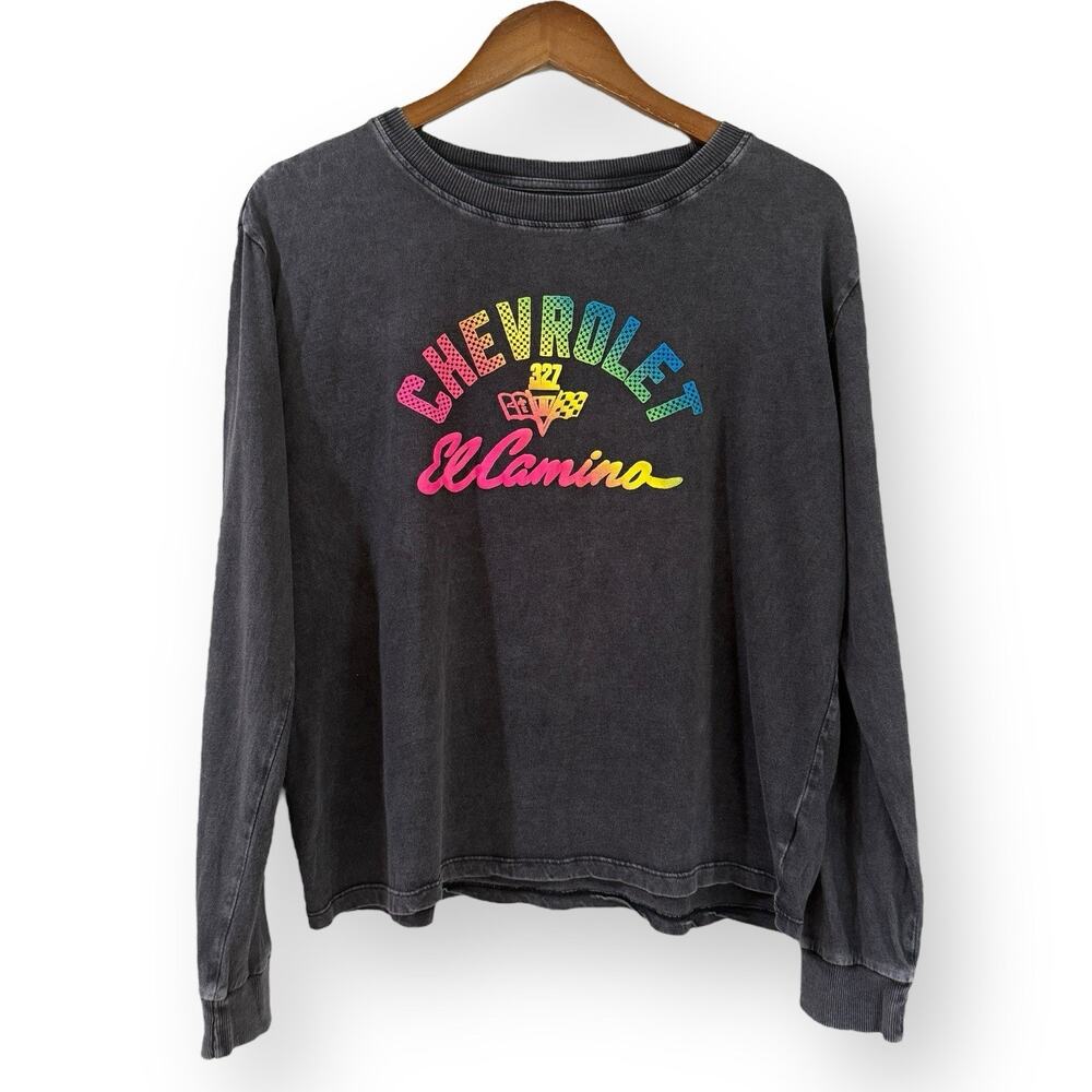 GM Chevrolet El Camino Long Sleeve Shirt Womens L Gray Rainbow Acid Wash Boxy